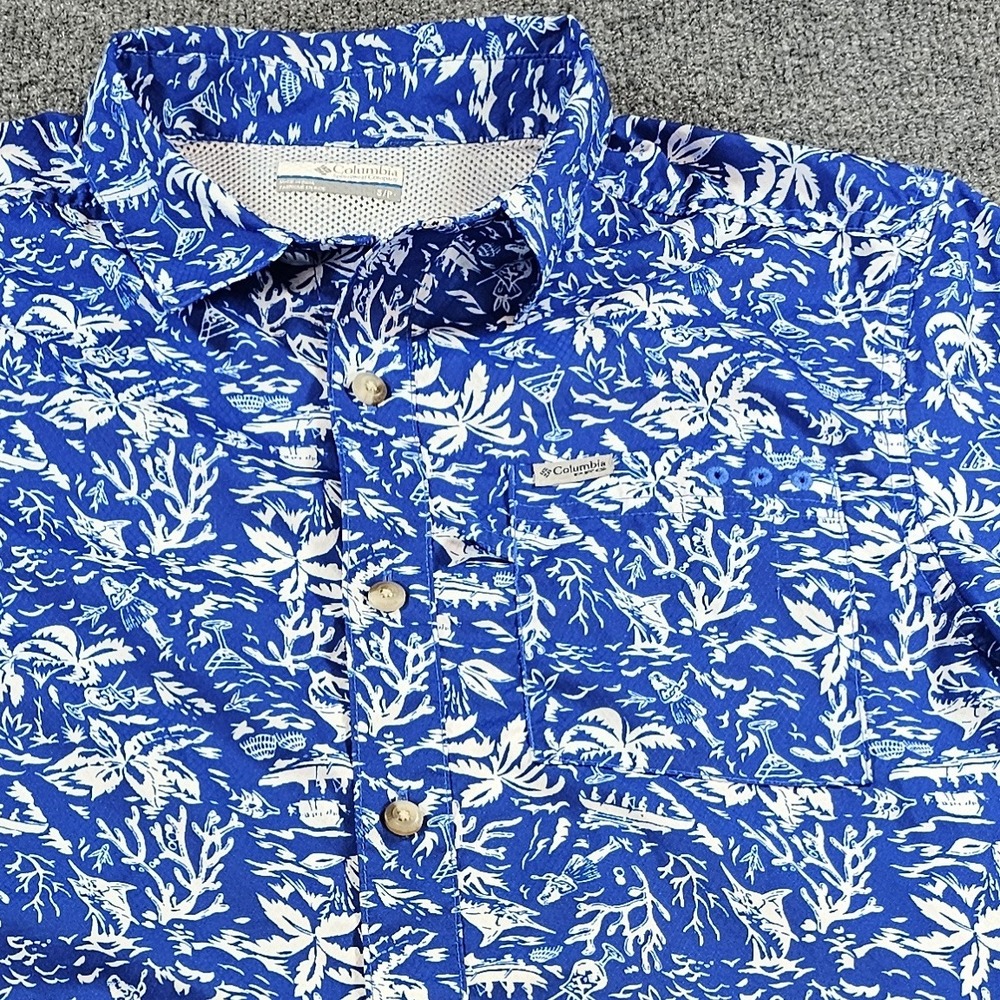 Columbia Mens S Blue PFG Performance Fishing Short Sleeve Tropical Shirt